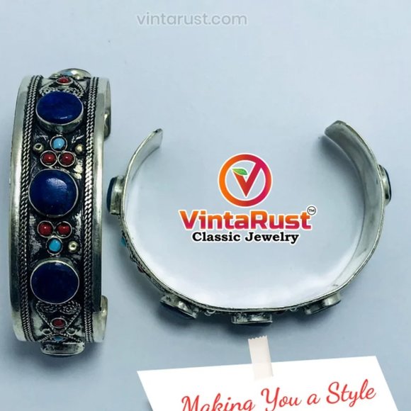 single Handmade Cuff Bracelet inlaid with Stones and Beads, Statement Cuff, Kuch - Picture 5 of 7